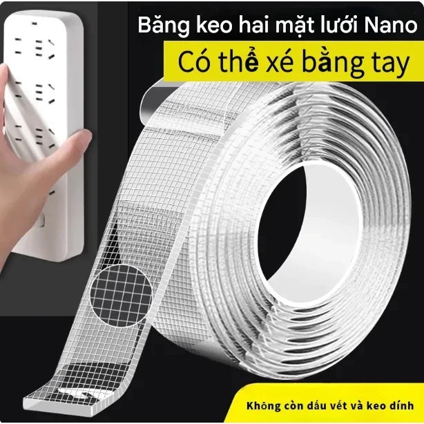 Băng keo Nano dạng lưới 2 mặt trong suốt bám dính mọi bề mặt, dày 2mm - dài 2m tiện lợi