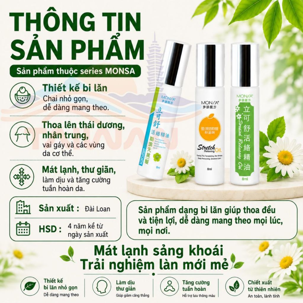 [FREESHIP] Dầu Lăn Thư Giản Monsa Đài Loan Stretch Relaxing Oil 8ml/chai