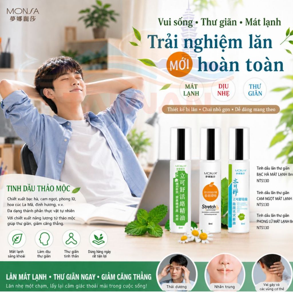 [FREESHIP] Dầu Lăn Thư Giản Monsa Đài Loan Stretch Relaxing Oil 8ml/chai
