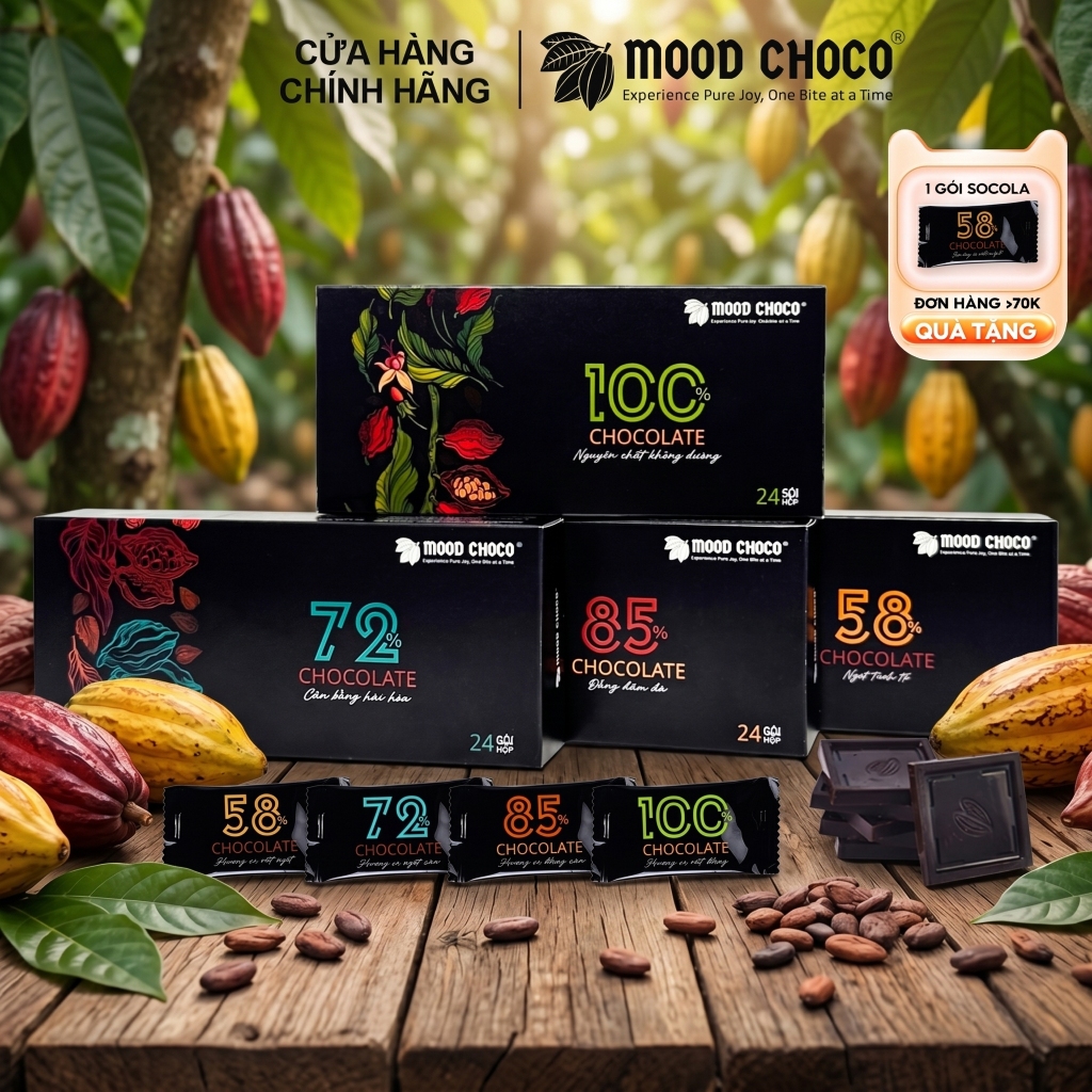 [HỘP 24 CÁI] Socola Đen Đắng Nguyên Chất Ít Đường Nhiều Hương Vị MOOD CHOCO 120 gram
