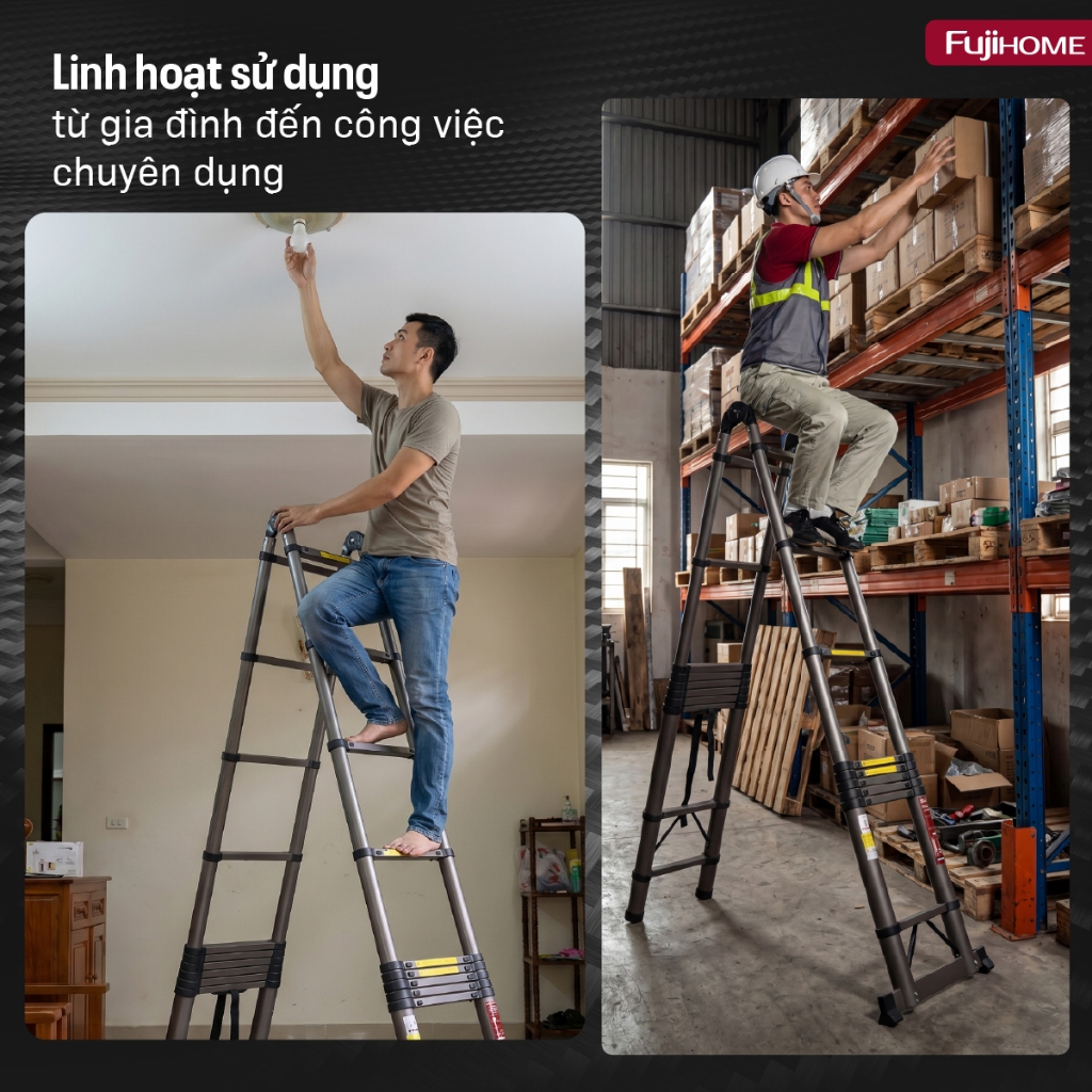 Thang rút chữ A Nhập Khẩu 3,4M - 7.4M gấp gọn chính hãng FUJIHOME, thang rút đôi Carbon chống trượt khoá chốt an toàn