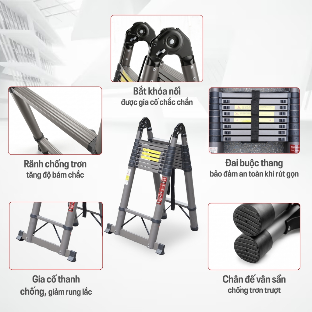 Thang rút chữ A Nhập Khẩu 3,4M - 7.4M gấp gọn chính hãng FUJIHOME, thang rút đôi Carbon chống trượt khoá chốt an toàn