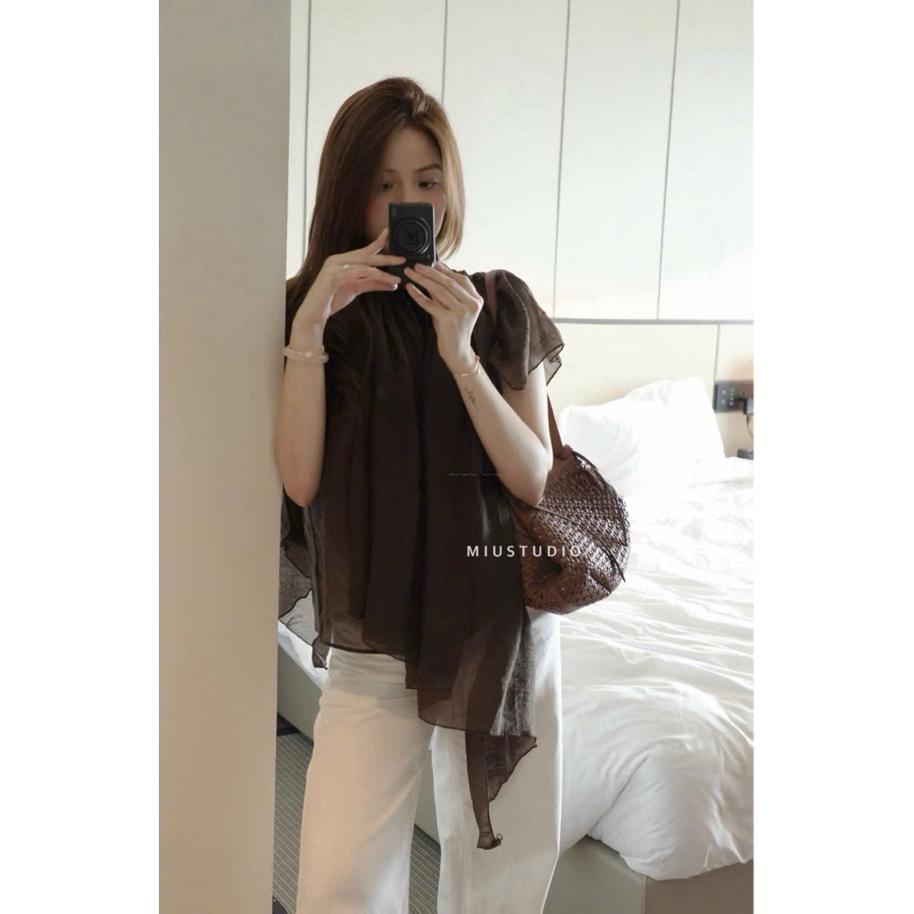 (Có sẵn) Áo voan tơ cộc tay phối bèo xếp ly vạt lệch thắt nơ tiểu thư sang chảnh, Áo kiểu nữ tiểu thư cao cấp siu xinh