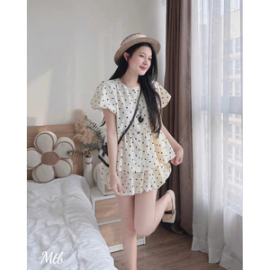 Set Áo Babydoll Tay Bồng Cổ Tròn Xẻ V Chất Thô Ren Mềm Mát Kèm Chân Váy