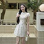 Đầm ngắn dáng chữ A cổ sen cộc tay đính khuy bọc sang chảnh, Váy tiểu thư ren hoa cao cấp thanh lịch mặc đi tiệc đi chơi