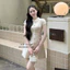Đầm ngắn dáng chữ A cổ sen cộc tay đính khuy bọc sang chảnh, Váy tiểu thư ren hoa cao cấp thanh lịch mặc đi tiệc đi chơi