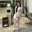 Đầm ngắn dáng chữ A cổ sen cộc tay đính khuy bọc sang chảnh, Váy tiểu thư ren hoa cao cấp thanh lịch mặc đi tiệc đi chơi
