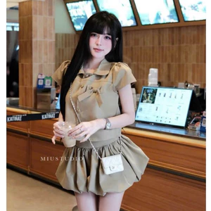 Set bộ Áo croptop cổ đức phối nơ đính khuy bọc kèm chân váy bí xoè bồng, Set bộ kaki tay ngắn dành cho nữ sang chảnh