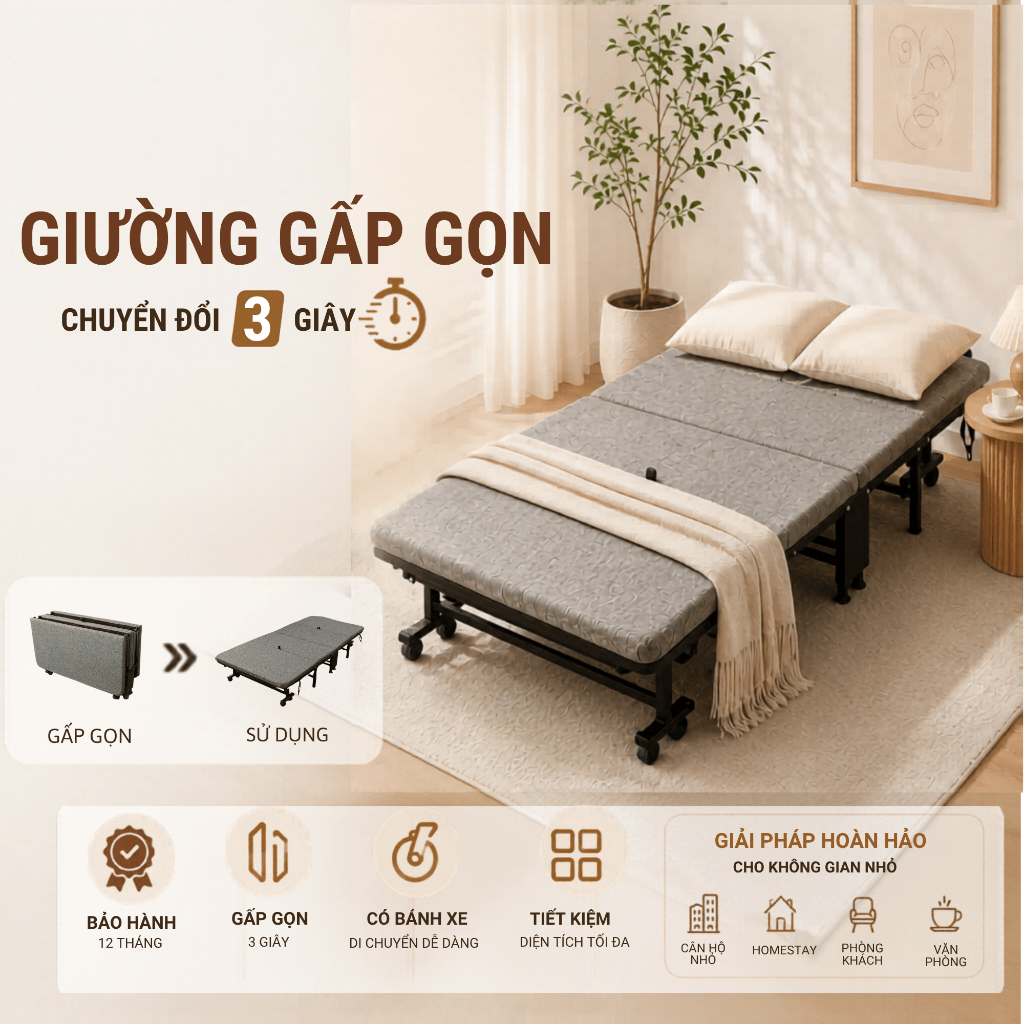 Giường Gấp Gọn Đa Năng Có Bánh Xe Thương Hiệu Tahou - Giải Pháp Tiết Kiệm Không Gian Hiệu Quả