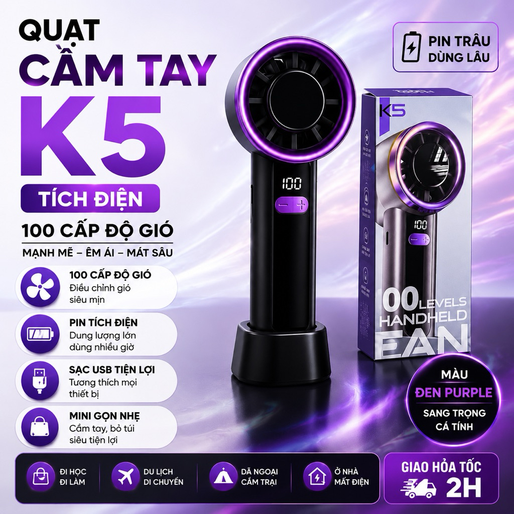 Quạt Cầm Tay Tích Điện K5 | 100 cấp độ gió | Nhỏ Gọn Mang Theo
