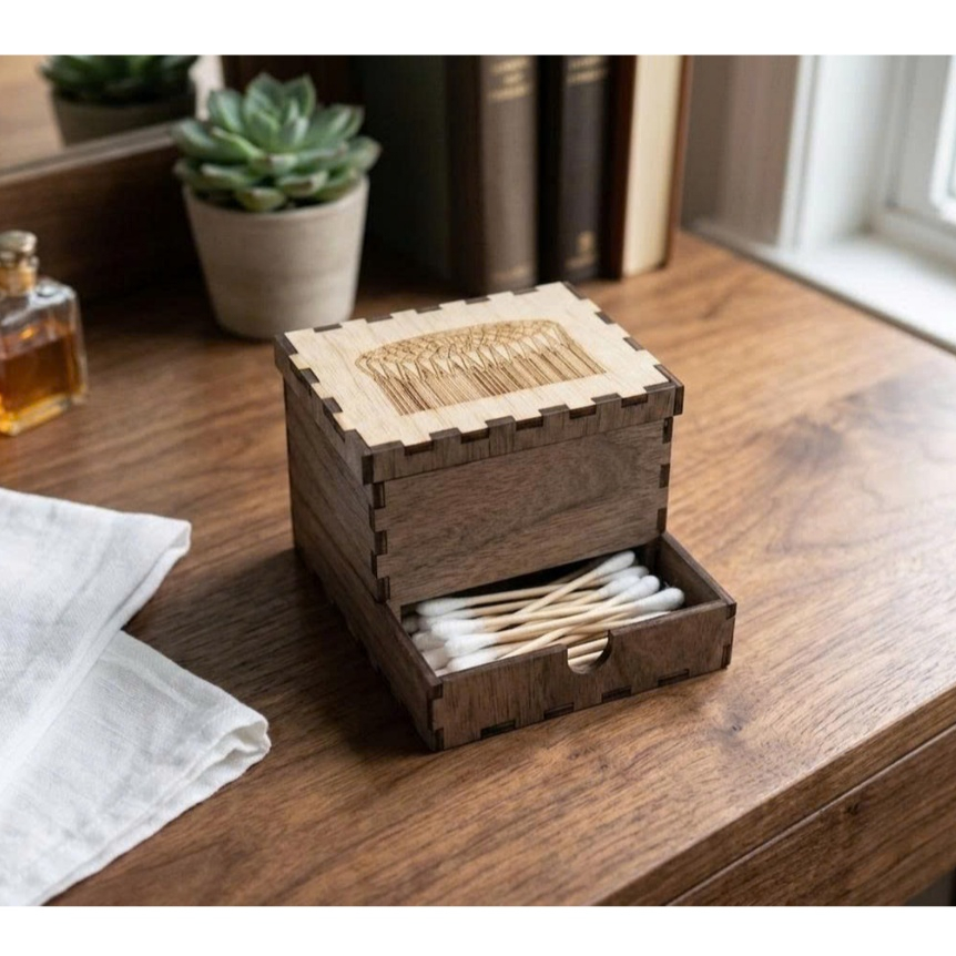 Hộp Gỗ Đựng Tăm Bông Thông Minh Rút Tự Động - Khay Đựng Tăm Bông Decor Bàn Trang Điểm ( Mẫu T73 )