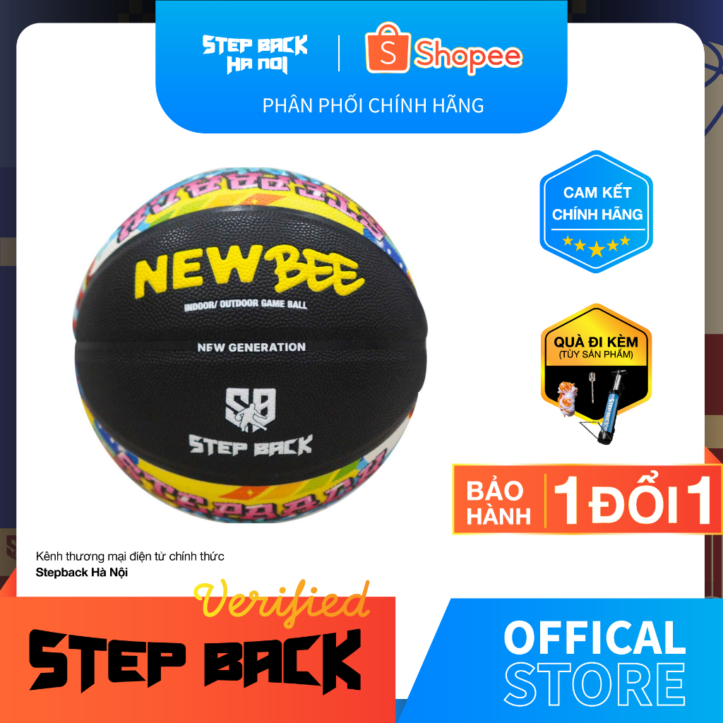 Bóng rổ Newbee Stepback trẻ em size 5,6 màu đen da PU chất lượng cao cho indoor/outdoor