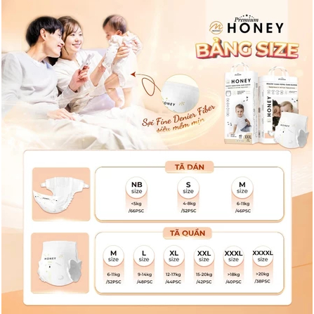 [TẶNG XE ĐẨY có mái] Combo 4 Bịch Tã Bỉm Honey Premium Cao Cấp, Bỉm Chính Hãng Đủ Size