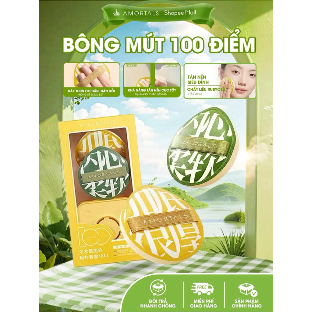 Hộp 2 Mút Trang Điểm  AMORTALS xanh vàng kèm Hộp size XL Giúp Đánh Nền, Kem Lót Và Cushion Chuyên Nghiệp IS1