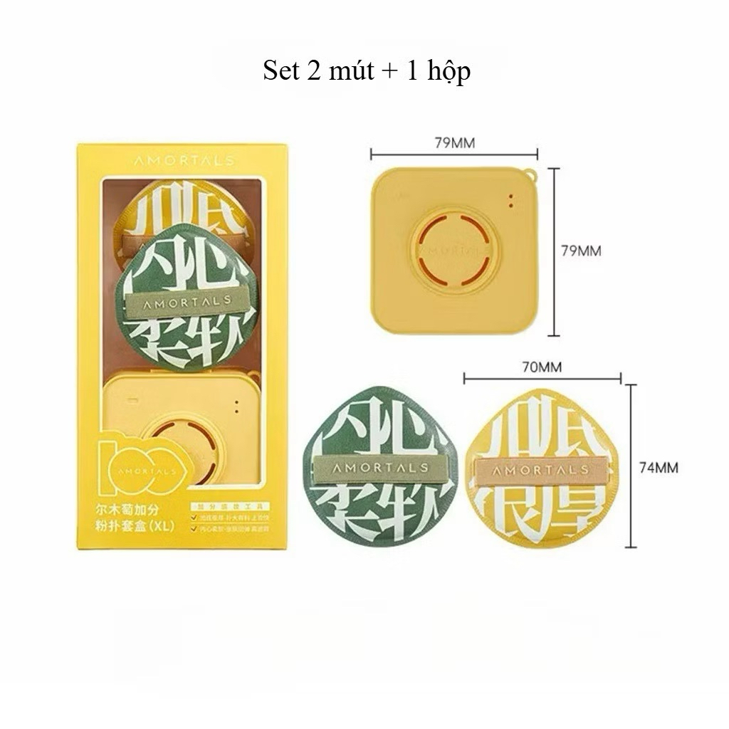 Hộp 2 Mút Trang Điểm  AMORTALS xanh vàng kèm Hộp size XL Giúp Đánh Nền, Kem Lót Và Cushion Chuyên Nghiệp IS1