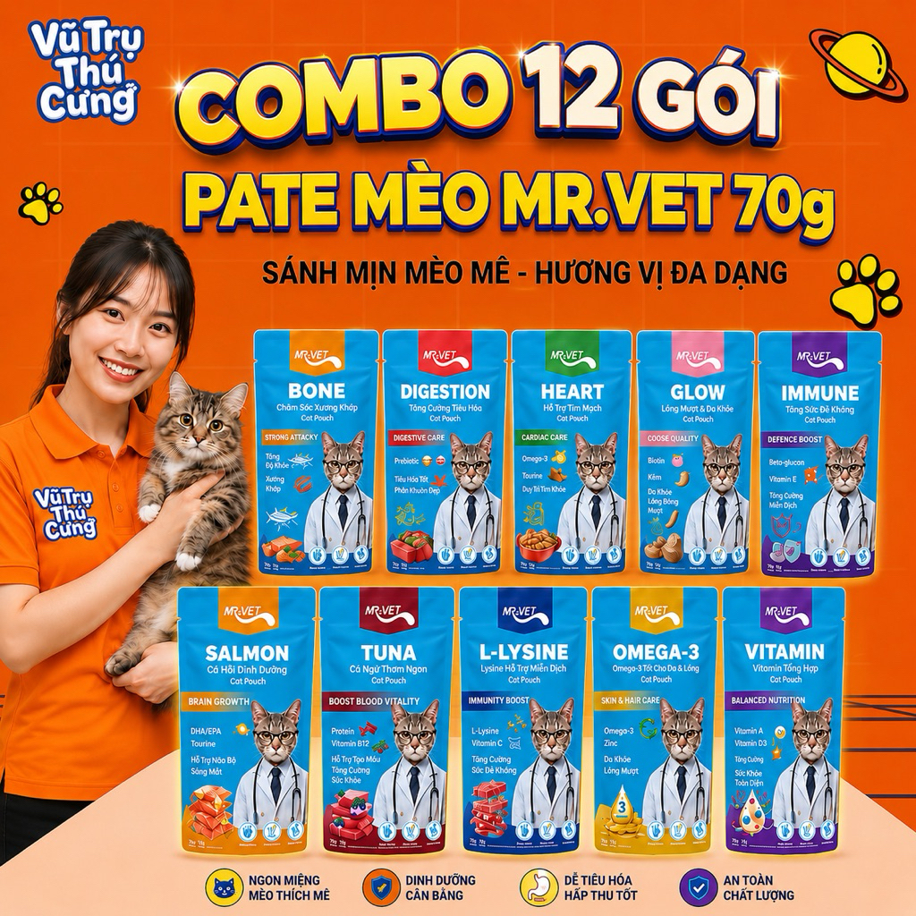 (Combo 12 Gói) Pate Cho Mèo Giàu Dinh Dưỡng Mr.Vet 70g