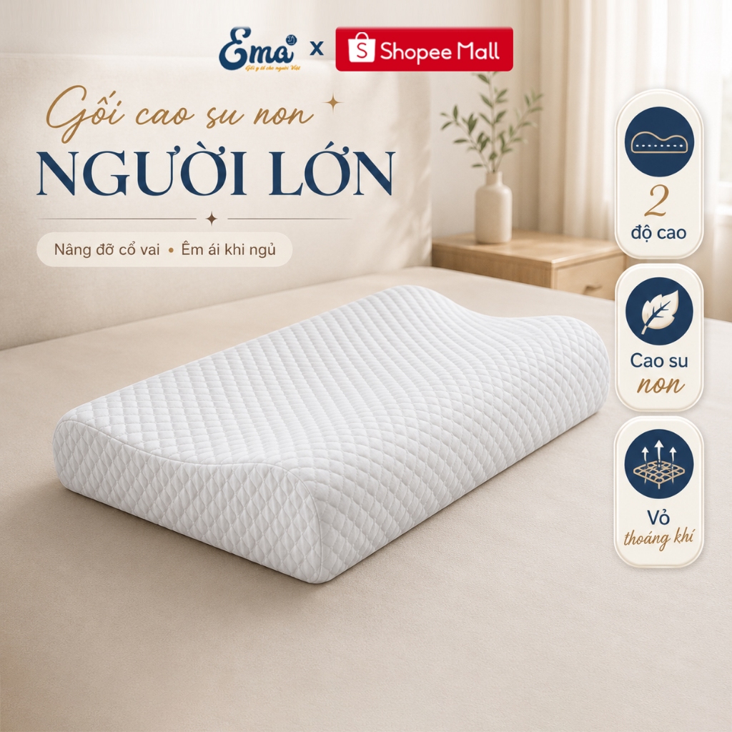Gối Cao Su Non Người Lớn EMA - Gối Lượn Sóng Cao Su Non Đỡ Cổ 2 Độ Cao Có Khóa Kéo Tháo Giặt | BigBuy360 - bigbuy360.vn