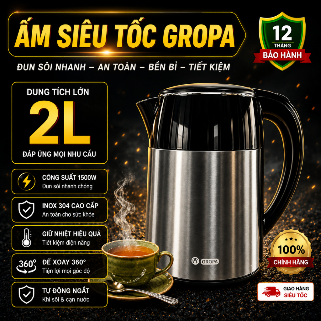 Ấm siêu tốc Gropa dung tích 2L, ấm đun nước công suất 1500W sôi nhanh sau 5 phút, tự ngắt khi sôi