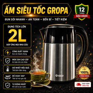 Ấm siêu tốc Gropa dung tích 2L, ấm đun nước công suất 1500W sôi nhanh sau 5 phút, tự ngắt khi sôi