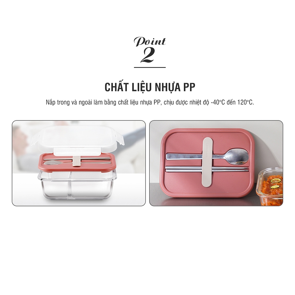 [SVIP] Hộp đựng cơm thủy tinh LocknLock LLG991CL, 2 ngăn kèm muỗng đũa 930ml xài lò vi sóng - K-Mall