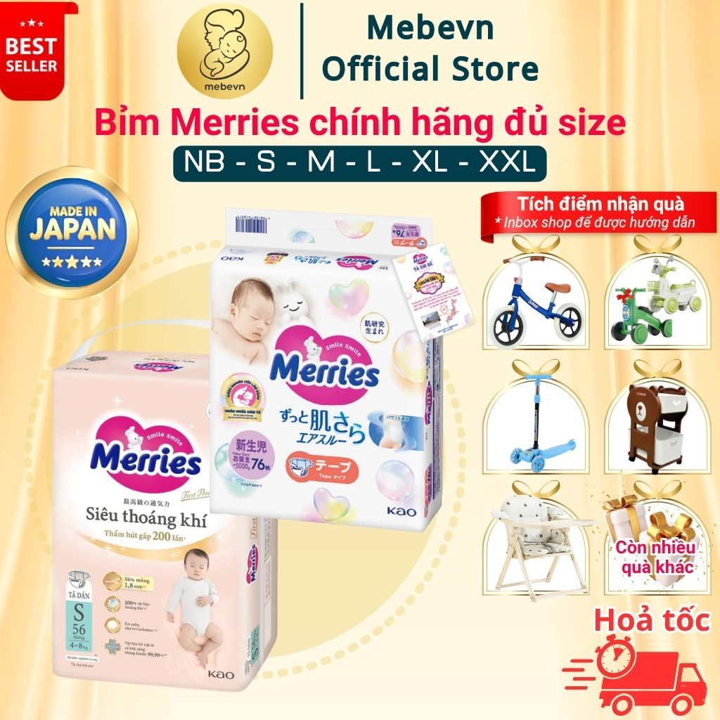 Tã / Bỉm Merries chính hãng , bỉm merries nội địa Nhật siêu khô thoáng đủ size NB/S/M/L/XL/XXL
