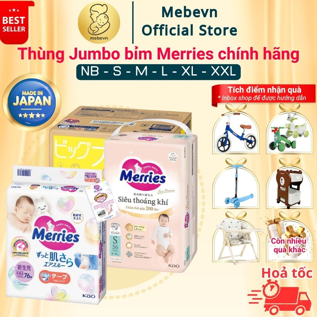 Thùng Jumbo bỉm merries chính hãng, bỉm merries nội địa Nhật Dán/Quần đủ size NB/S/M/L/XL/XXL