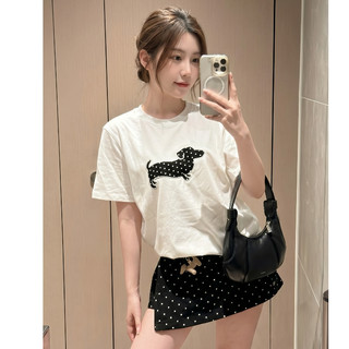 [Tặng Móc Khoá] Set Đồ Nữ, Áo Thun Trắng In Hình Cún Phối Chân Váy Ngắn Chấm Bi Đen