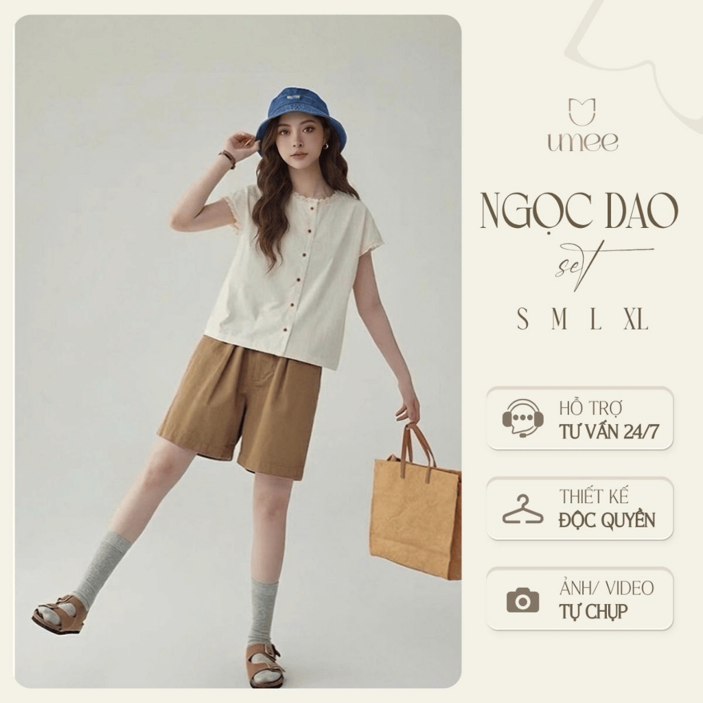 Umee Design - Set Thiết Kế Trẻ Trung Kaki Áo Form Xuông Viền Ren Phối Quần Đùi "Ngọc Dao Set"