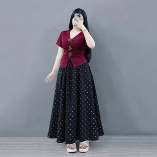 Set bigsize nữ chân váy chấm bi lưng chun dáng dài phối áo thun đính hoa tiểu thứ vintage Set A275+ CV422
