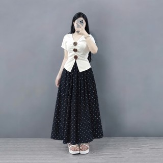 Set bigsize nữ chân váy chấm bi lưng chun dáng dài phối áo thun đính hoa tiểu thứ vintage Set A275+ CV422