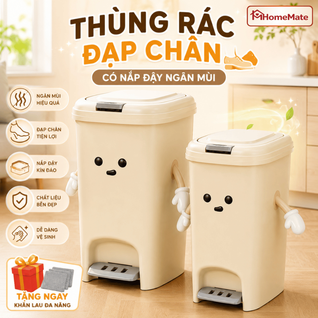 Thùng Rác Đạp Chân Có Nắp Đậy Ngăn Mùi SMILE, Thùng Rác Nhà Bếp Phòng Khách Nhựa Cao Cấp