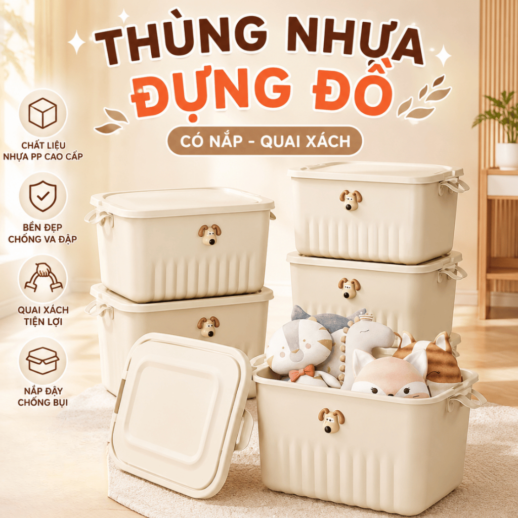 Thùng Nhựa Đựng Đồ Có Nắp Quai Xách, Hộp Đựng Quần Áo Đồ Chơi Nhựa PP Dung Tích Lớn Đa Năng