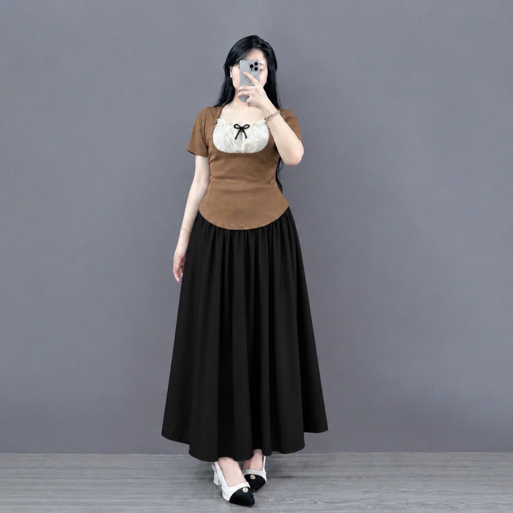 Set váy tiểu thư bigsize nữ áo thun tay ngắn phối ren kèm chân váy chất lụa mềm lưng thun - SET959
