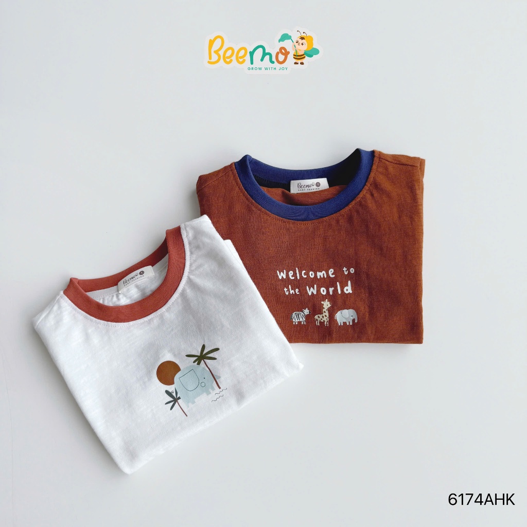 Combo 2 áo cộc tay Beemo họa tiết in hình động vật chất liệu cotton xước mềm mại cho bé 9-24kg