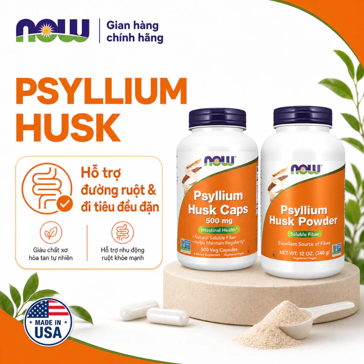 (đủ bill) Viên uống chất xơ Psyllium Husk Now (Mỹ) chiết xuất vỏ mã đề giúp giảm nhanh táo bón