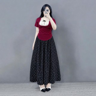 Set Bigsize nữ 2 món áo kiểu cổ vuông  phối chân váy chấm bi dáng dài dễ thương tiểu thư cho nàng Chuppy (G264+CV422)