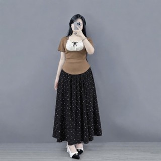 Set Bigsize nữ 2 món áo kiểu cổ vuông  phối chân váy chấm bi dáng dài dễ thương tiểu thư cho nàng Chuppy (G264+CV422)