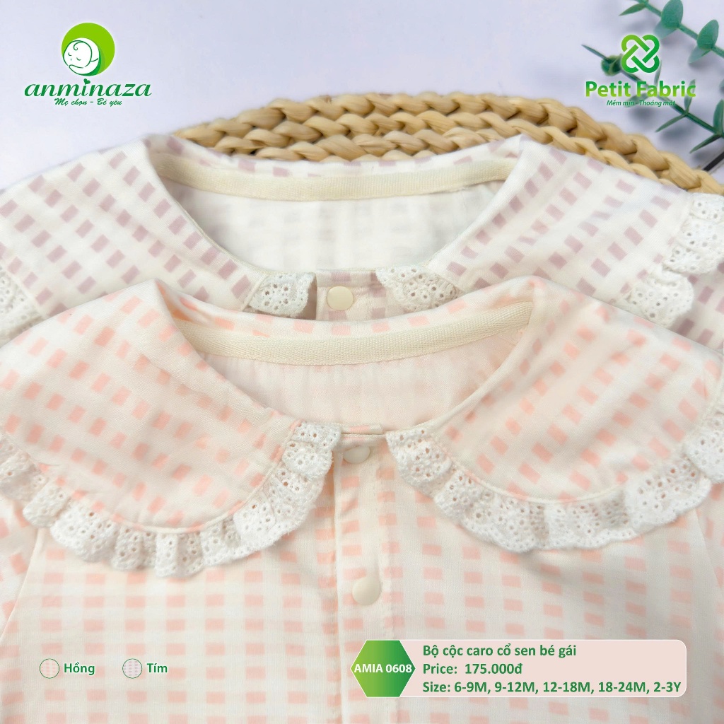 Bộ Cộc Caro Bé Gái Anminaza Cổ Sen Vải Petit Mềm Mịn Thoáng Mát - Hàng Chính Hãng AMI0608
