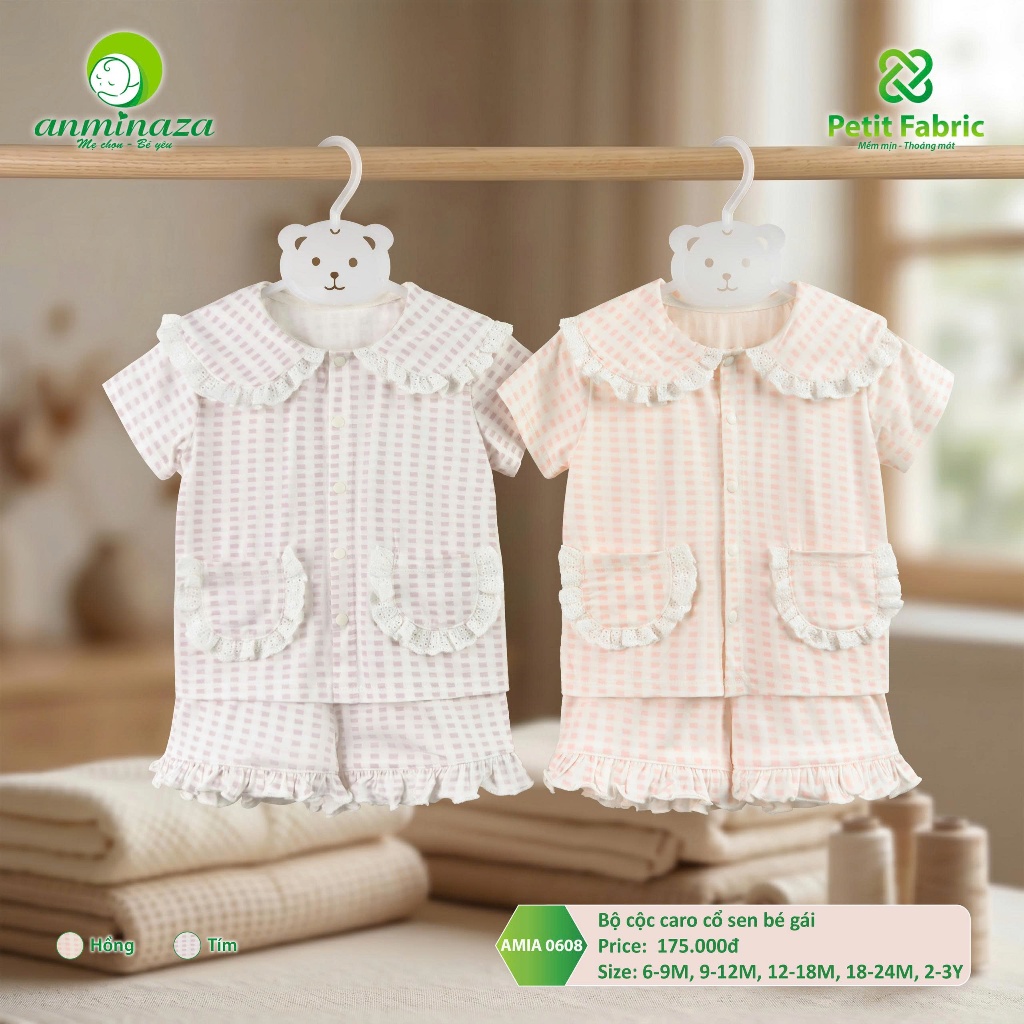 Bộ Cộc Caro Bé Gái Anminaza Cổ Sen Vải Petit Mềm Mịn Thoáng Mát - Hàng Chính Hãng AMI0608