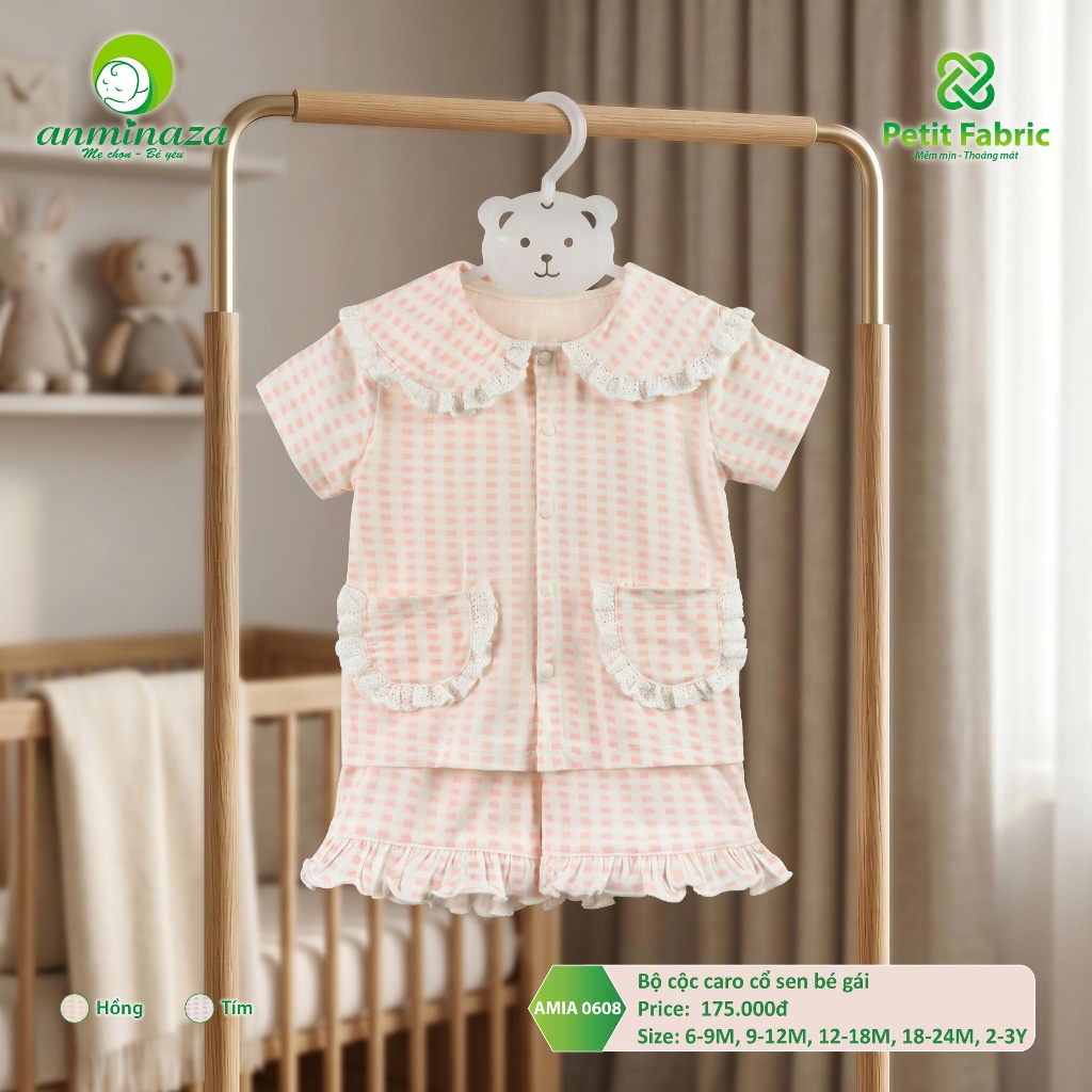 Bộ Cộc Caro Bé Gái Anminaza Cổ Sen Vải Petit Mềm Mịn Thoáng Mát - Hàng Chính Hãng AMI0608