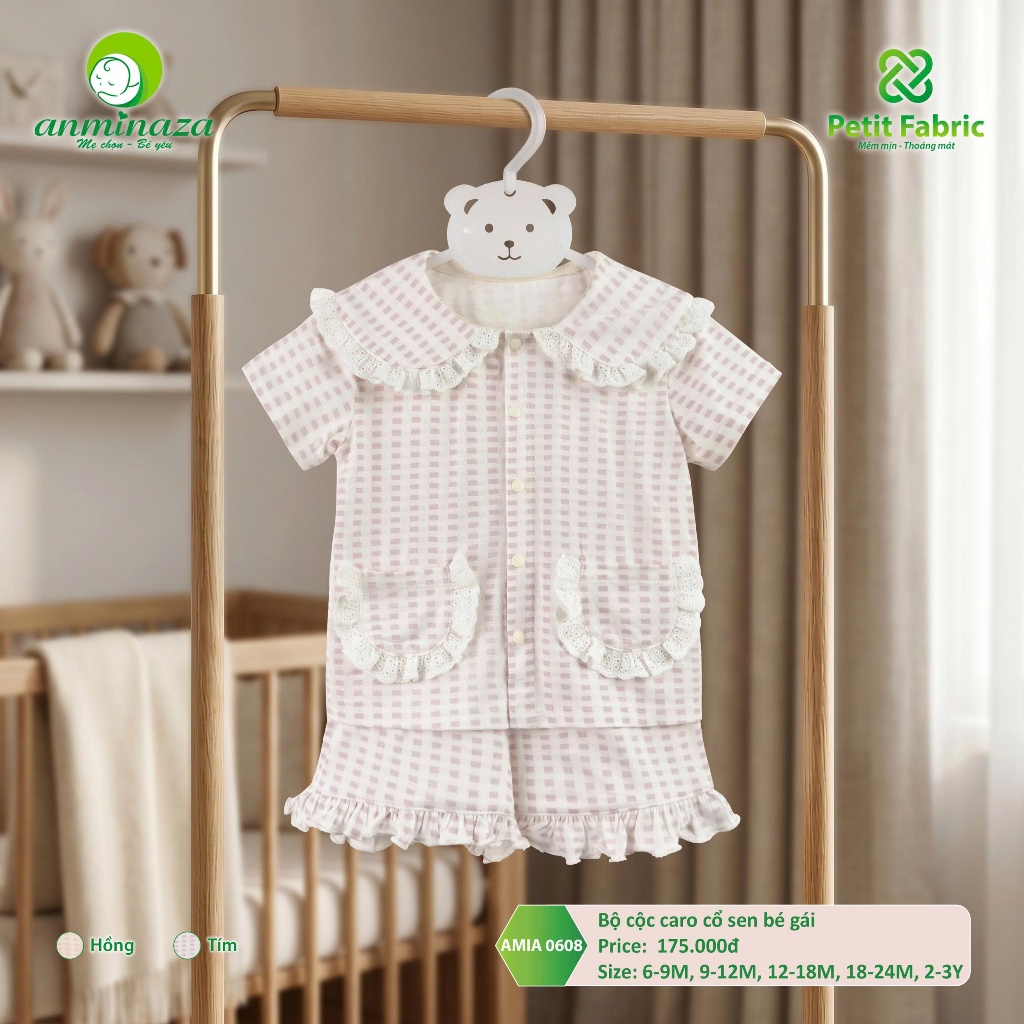 Bộ Cộc Caro Bé Gái Anminaza Cổ Sen Vải Petit Mềm Mịn Thoáng Mát - Hàng Chính Hãng AMI0608