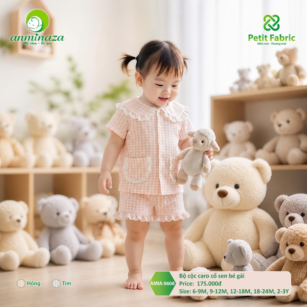 Bộ Cộc Caro Bé Gái Anminaza Cổ Sen Vải Petit Mềm Mịn Thoáng Mát - Hàng Chính Hãng AMI0608