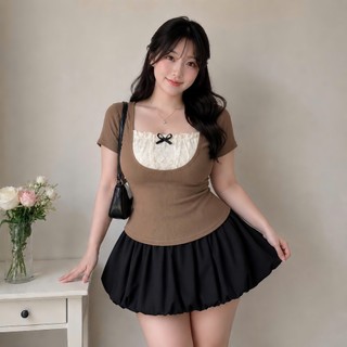 Set bigsize nữ áo thun tay ngắn ruby phối ren kèm chân váy bí lụa xòe mặc mát xinh xắn SET948