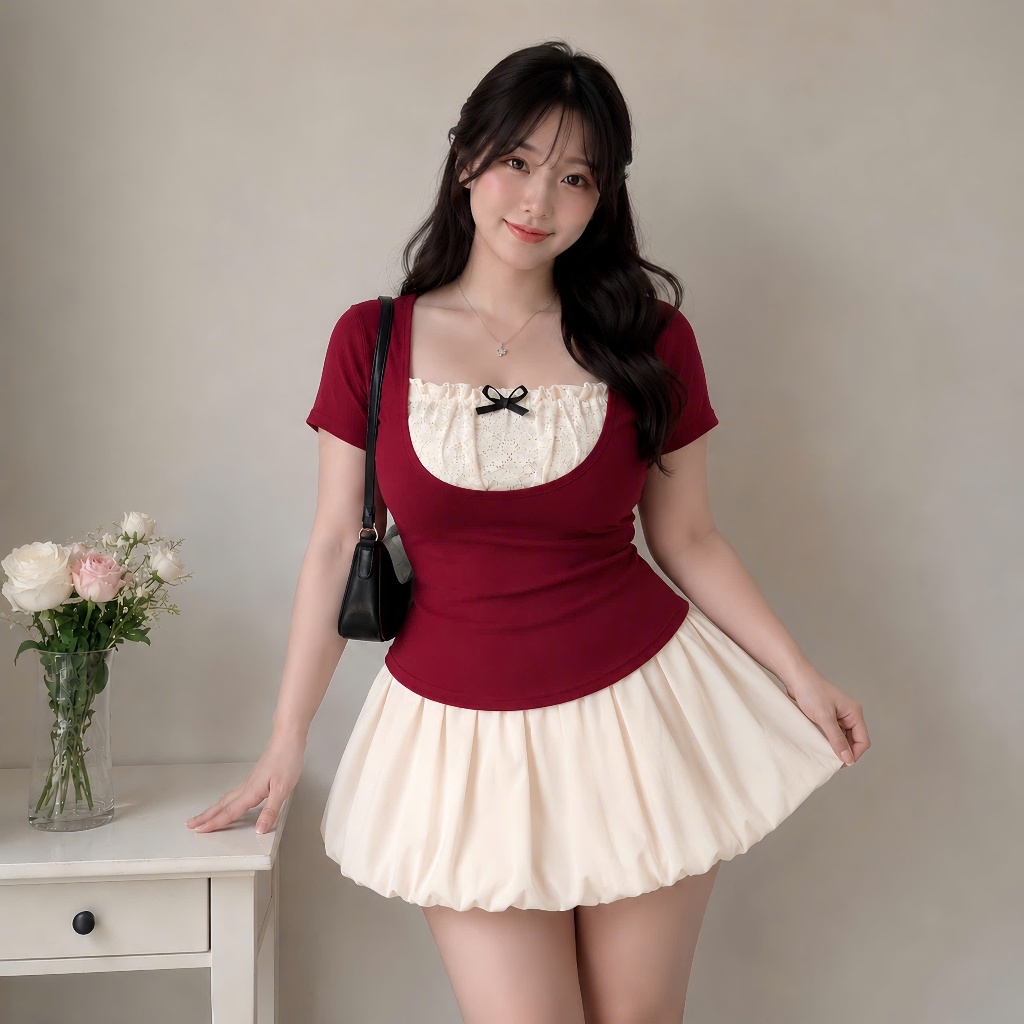 Set Chân Váy Kèm Áo Thun Kiểu Tay Ngắn Bigsize Nữ Vải Thun Ruby Mềm Mại Cho Các Nàng Chubby SET948