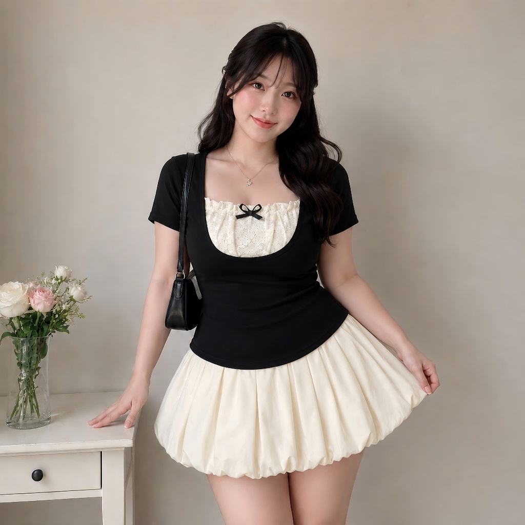 Set Chân Váy Kèm Áo Thun Kiểu Tay Ngắn Bigsize Nữ Vải Thun Ruby Mềm Mại Cho Các Nàng Chubby SET948