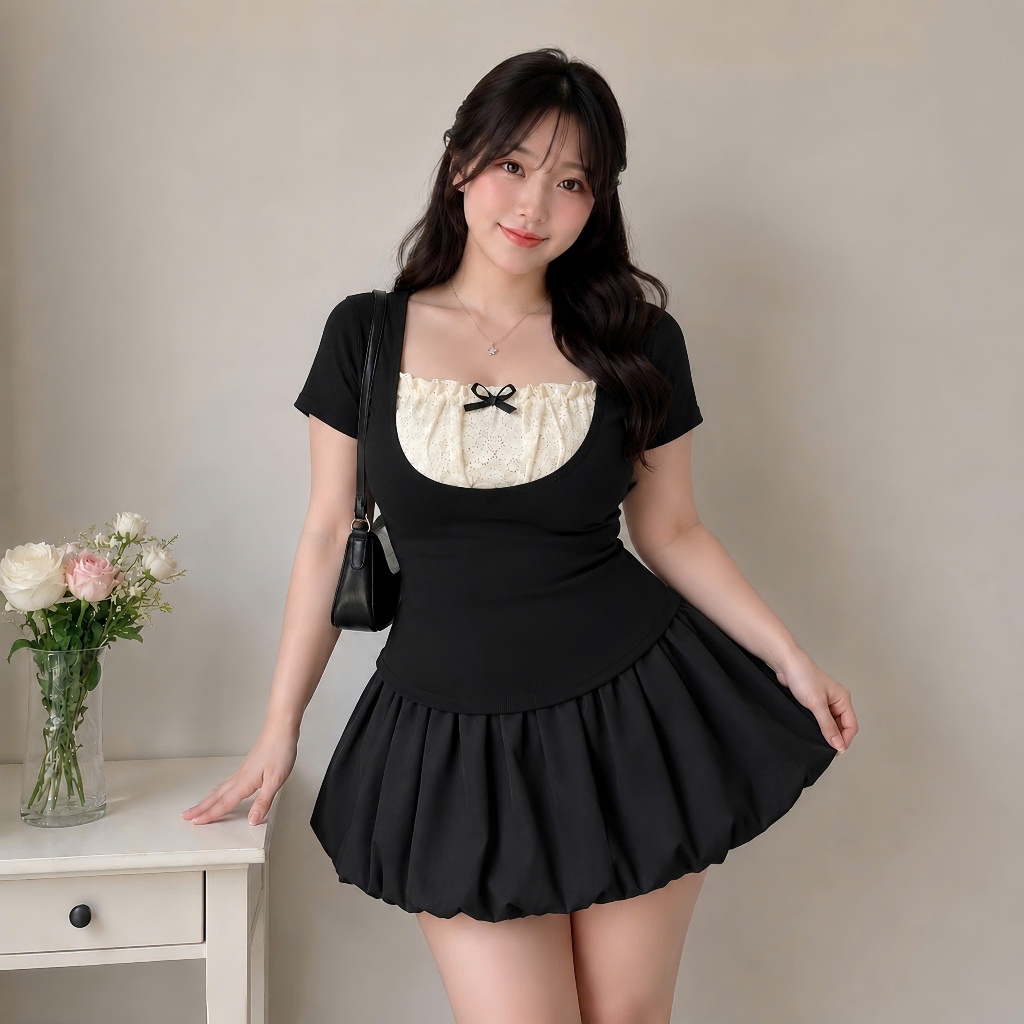 Set Chân Váy Kèm Áo Thun Kiểu Tay Ngắn Bigsize Nữ Vải Thun Ruby Mềm Mại Cho Các Nàng Chubby SET948