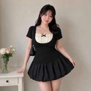 Set bigsize nữ áo thun tay ngắn ruby phối ren kèm chân váy bí lụa xòe mặc mát xinh xắn SET948