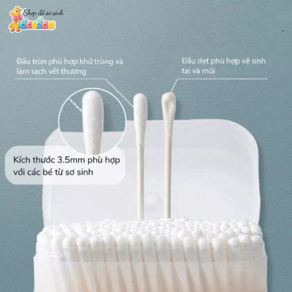 Tăm Bông Cho Bé Sơ Sinh Hộp 200 Que Bông V-Cool Tự Nhiên Mềm Mại Kháng Khuẩn An Toàn Doudou A08