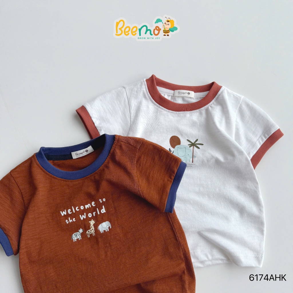 Combo 2 áo cộc tay Beemo họa tiết in hình động vật chất liệu cotton xước mềm mại cho bé 9-24kg