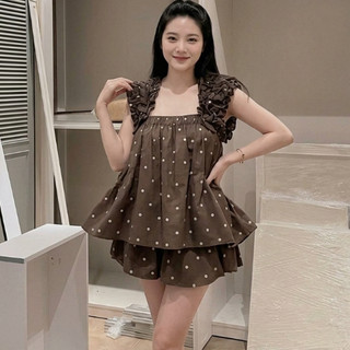 Set Bộ Nữ, Áo Babydoll 2 Tầng Cổ Vuông Quai Bèo Nhún Phối Quần Giả Váy Dáng Bí Ngô